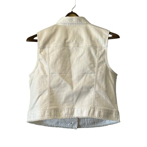 Chico's Platinum Optic White Sequin Frayed Fringe Sleeveless Denim Vest Size 2‎ - Picture 2 of 12